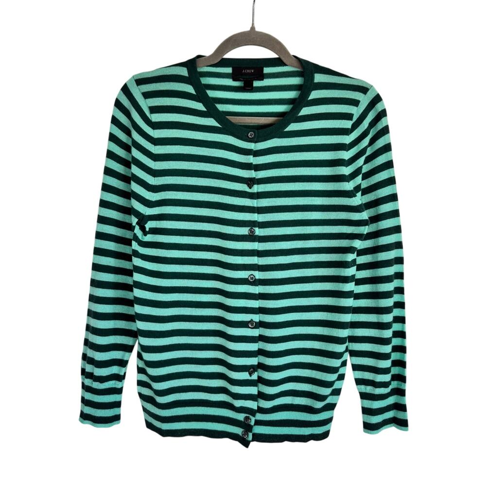J.Crew Green Striped Cashmere Cardigan Medium M